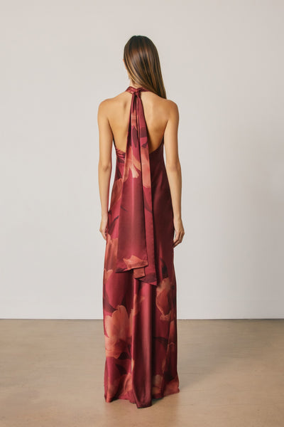 Satin Gold Trim Halter Maxi - Red