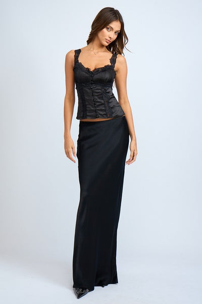 Satin Lace Strap Corset Top - Black