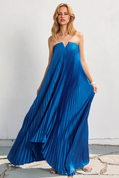 Satin Pleated Column Maxi - Blue