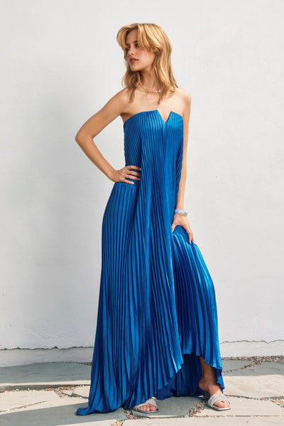 Satin Pleated Column Maxi - Blue