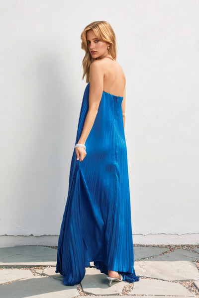 Satin Pleated Column Maxi - Blue