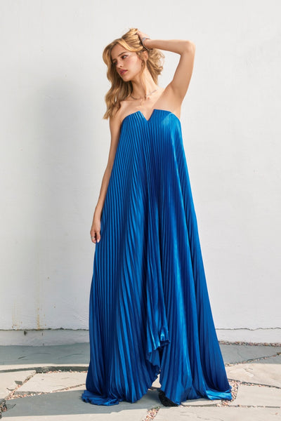 Satin Pleated Column Maxi - Blue