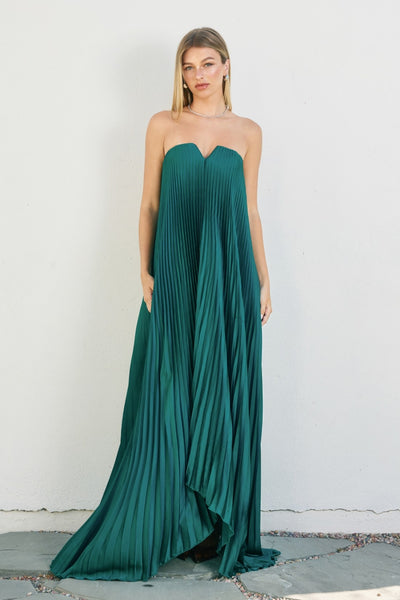 Satin Pleated Column Maxi - Green