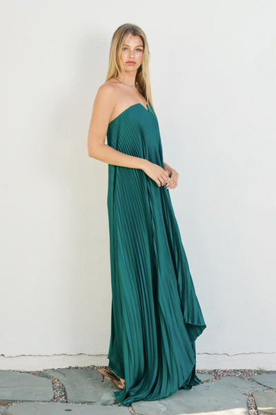 Satin Pleated Column Maxi - Green