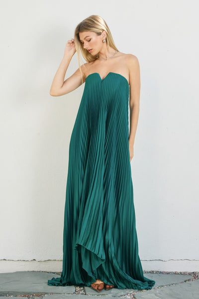 Satin Pleated Column Maxi - Green