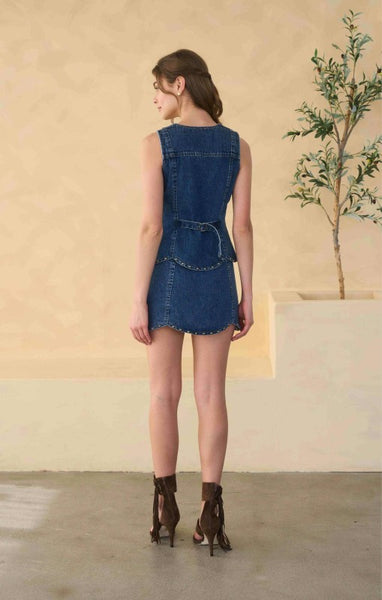 Scallop Stud Detail Mini Skirt - Denim