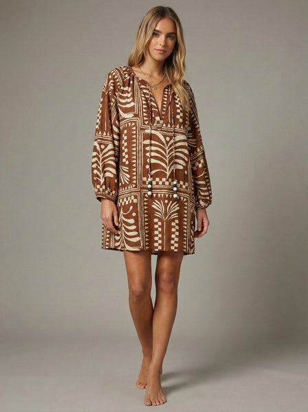 Script Stamp Mini Dress - Brown