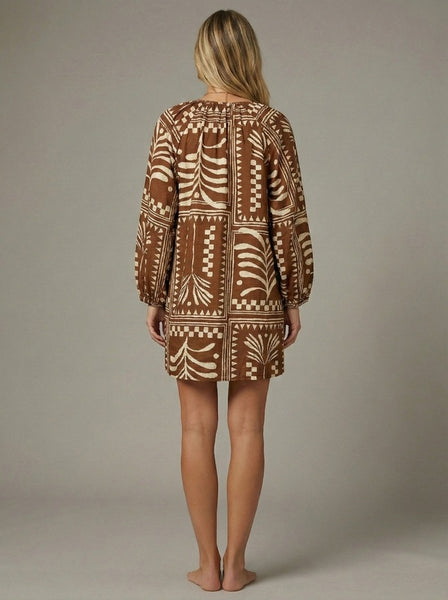Script Stamp Mini Dress - Brown