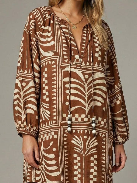 Script Stamp Mini Dress - Brown