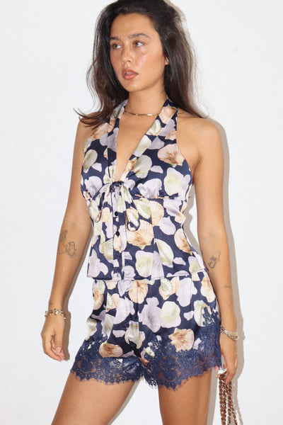 Seashell Lace Trim Shorts - Navy