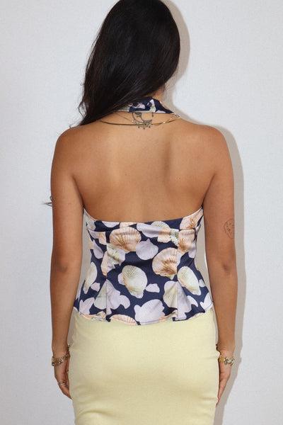 Seashell Print Halter Top - Navy
