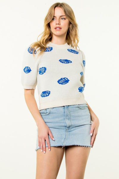 Shell Pattern Ss Knit Top - Cream