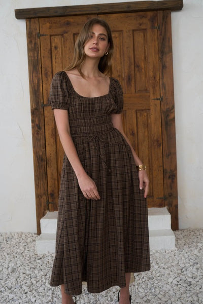 Shirred Front Tie Midi Dress - Plaid