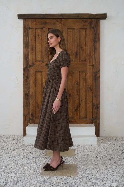 Shirred Front Tie Midi Dress - Plaid