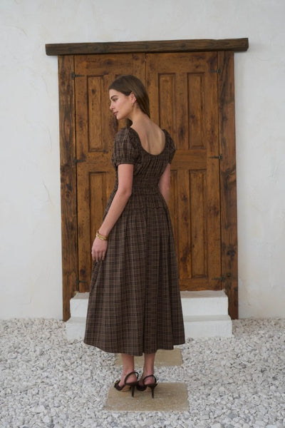 Shirred Front Tie Midi Dress - Plaid