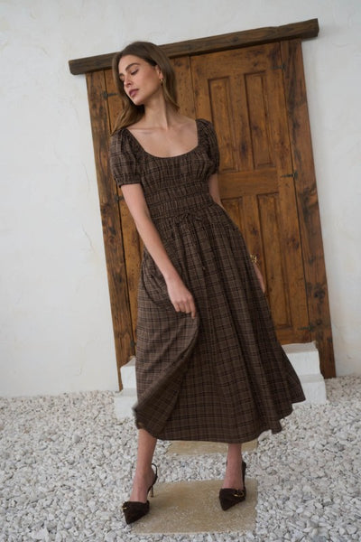 Shirred Front Tie Midi Dress - Plaid