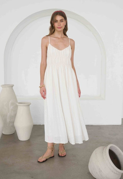 Shirred V Neck Midi Dress - Cream