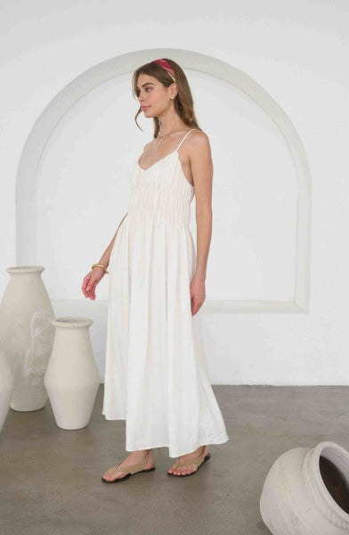Shirred V Neck Midi Dress - Cream