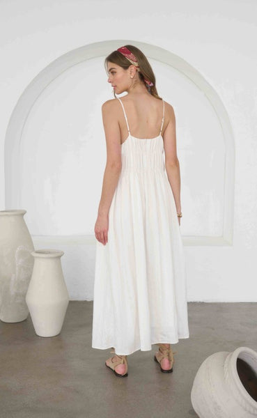 Shirred V Neck Midi Dress - Cream