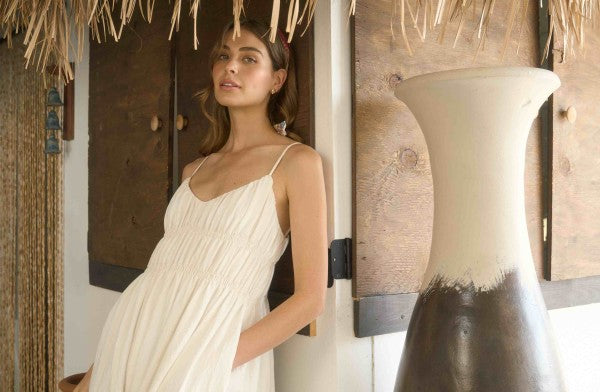 Shirred V Neck Midi Dress - Cream