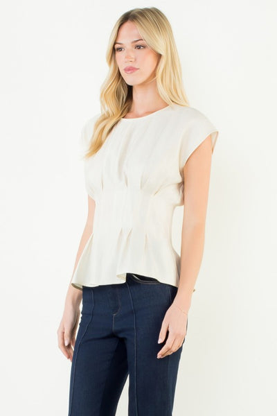 Short Sleeve Pintuck Front Top - Cream
