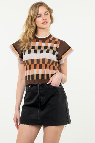 Short Sleeve Texture Knit Top - Brown