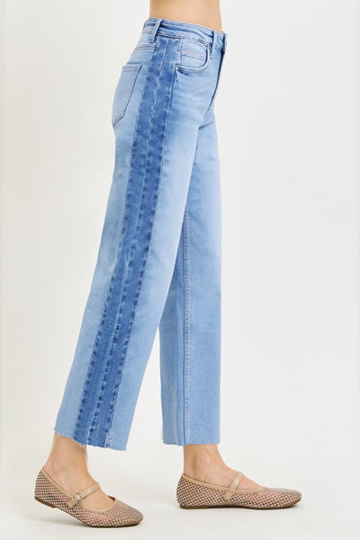 Side Contrast High Rise Jeans - Light Denim
