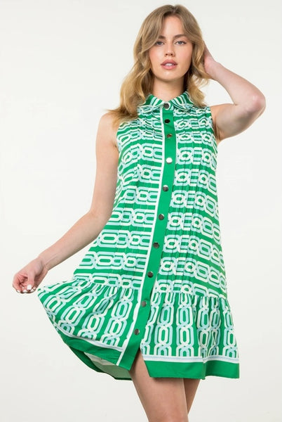 Sleeveless Deco Print Dress - Green