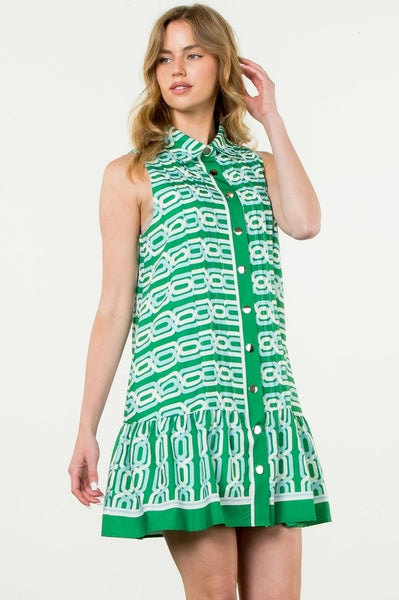 Sleeveless Deco Print Dress - Green