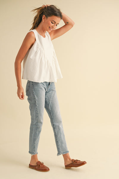 Sleeveless Shirring Detail Top - White