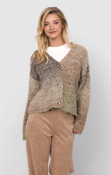 Smiley Ombre Fuzzy Cardigan - Brown