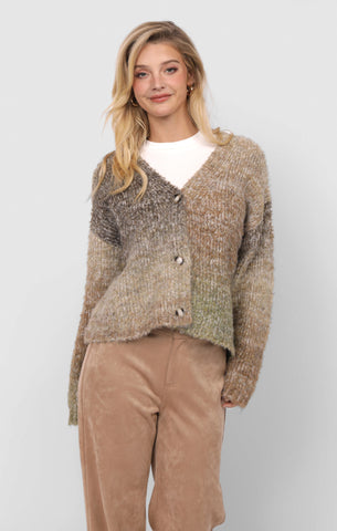 Smiley Ombre Fuzzy Cardigan - Brown