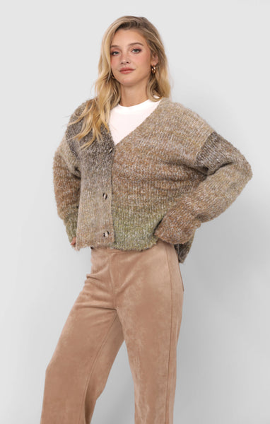 Smiley Ombre Fuzzy Cardigan - Brown
