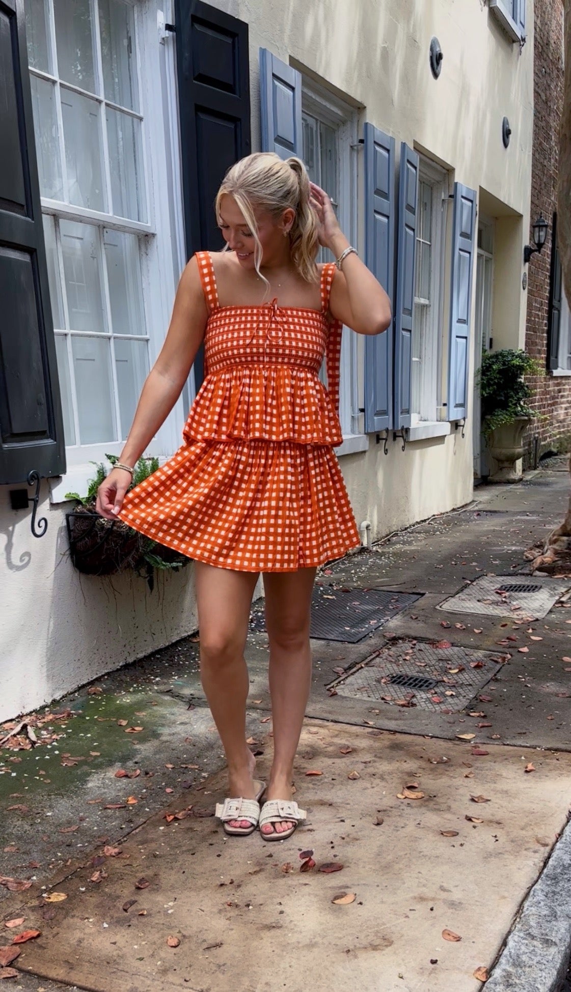 Smocked Gingham Set - Orange
