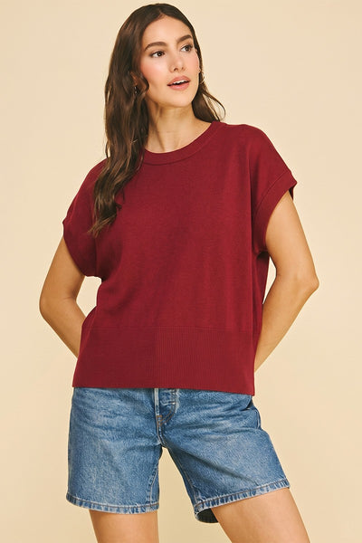 Solid Cap Slv Knit Top - Red