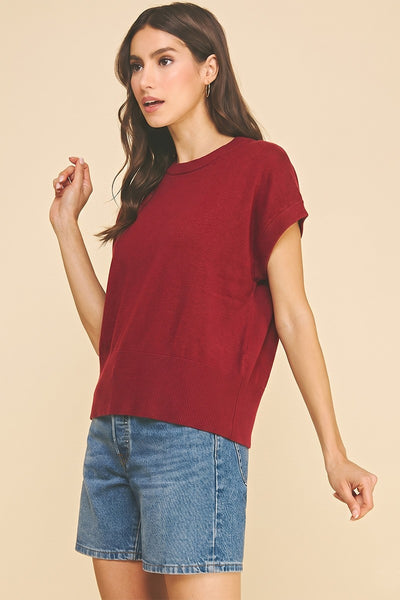 Solid Cap Slv Knit Top - Red
