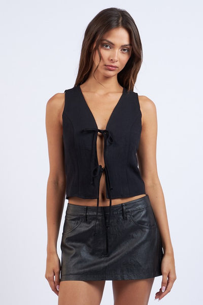 Solid V Neck Dbl Front Tie Top - Black