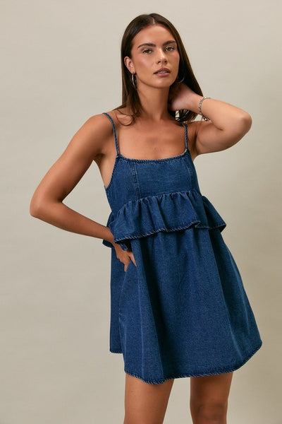 Spaghetti Denim Ruffle Dress - Denim