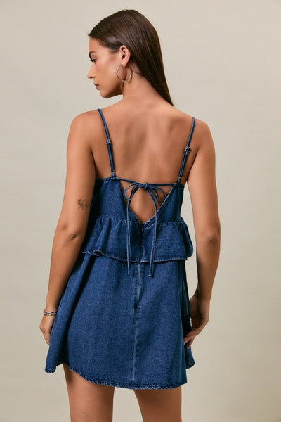 Spaghetti Denim Ruffle Dress - Denim