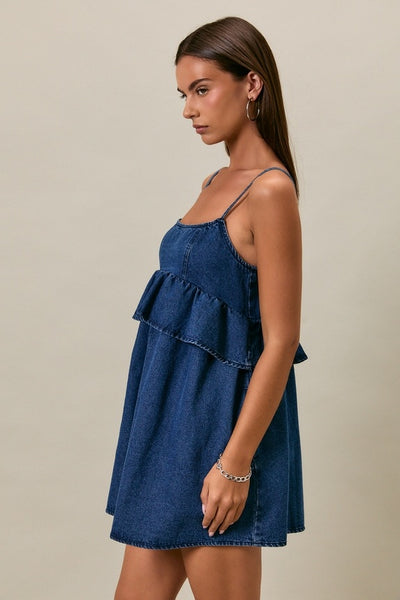 Spaghetti Denim Ruffle Dress - Denim
