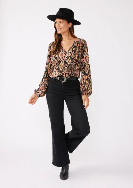 Split Neck Raglan Blouse - Multi