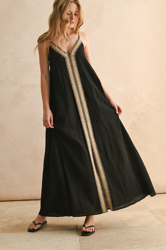 Straw Trimmed Long Dress - Black