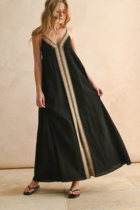 Straw Trimmed Long Dress - Black