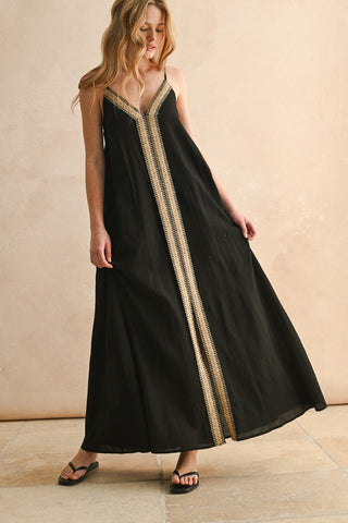 Straw Trimmed Long Dress - Black