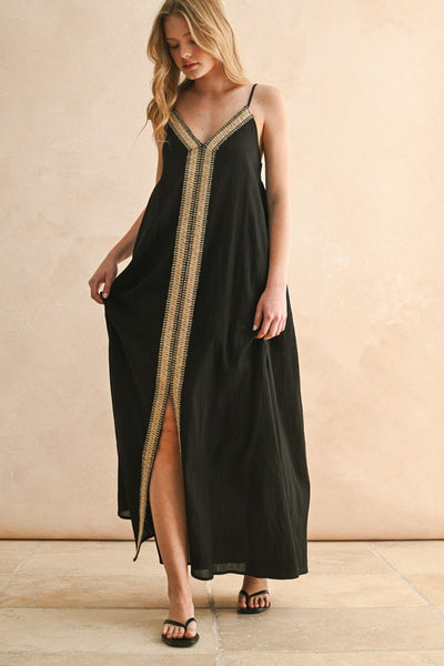 Straw Trimmed Long Dress - Black