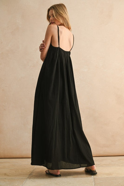 Straw Trimmed Long Dress - Black