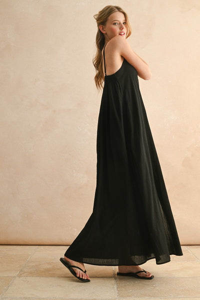 Straw Trimmed Long Dress - Black