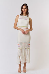 Stripe And Fringe Detail Dress - Ivory