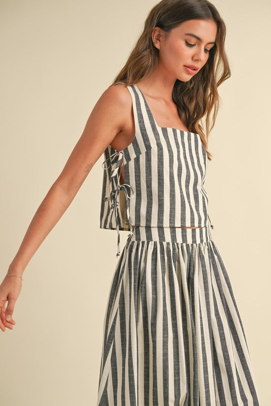 Stripe Pattern Tie On Side Top - Black