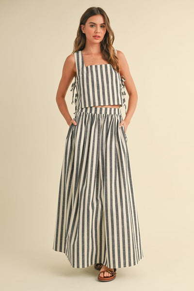 Stripe Pattern Tie On Side Top - Black